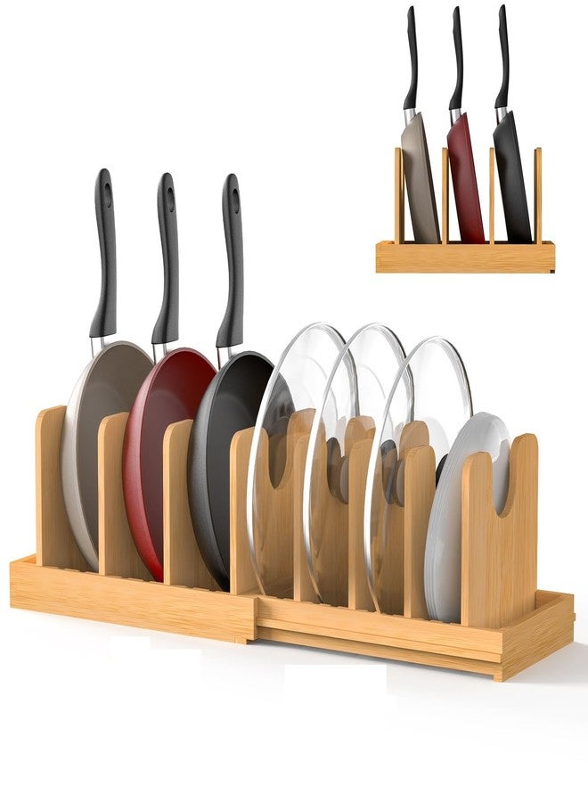 FoverOne Expandable Pot Lid Organizer, Bamboo Pot and Pan Organizer for Under Cabinet, 16" to 28" Adjustable Length and 10 Dividers - Image 1